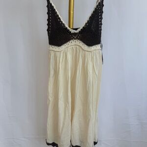 Zara Ecru Brown Thin Straps Contrast Crochet Mini Knit Dress